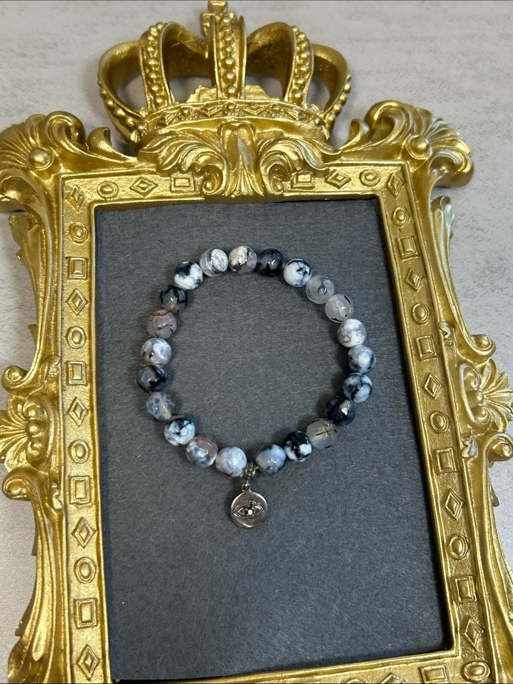 Dragon Vein Agate Stone Beaded Bracelet with 925 Sterling Eye Charm